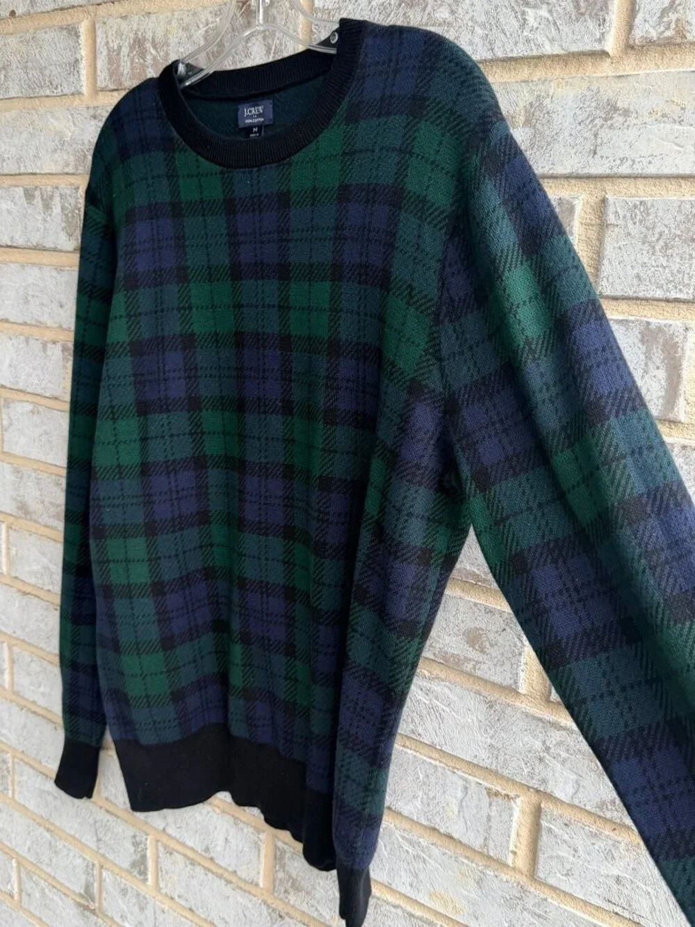J. Crew Long Sleeve Crew Neck Blue/Green Plaid 100% Cotton Sweater Men's Size M